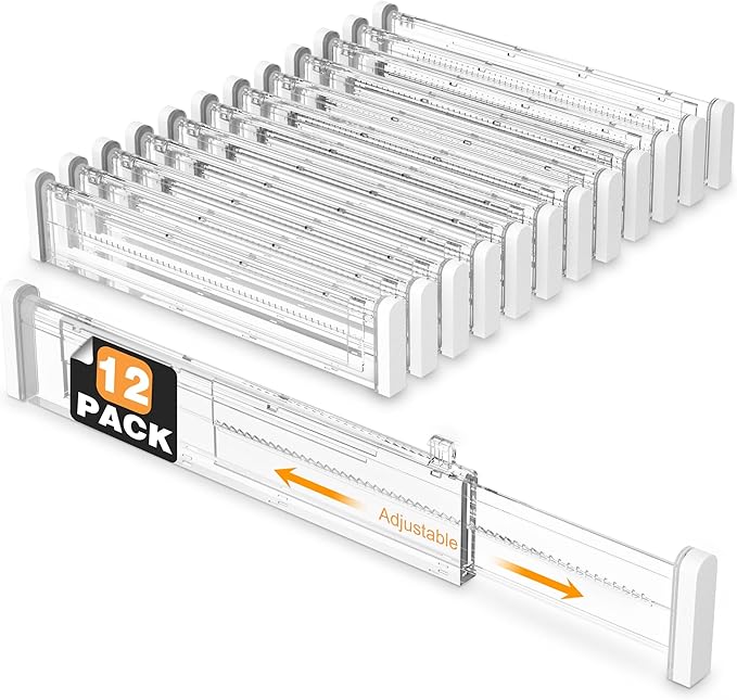 HiYZ Expandable Drawer Dividers - 12.6-22.8'' Adjustable Drawers Organizers for Kitchen Utensils, Drawer Separators in Bedroom, Dresser, Office, Bathroom, Fridge, 12 Pack Long Dividers-Clear