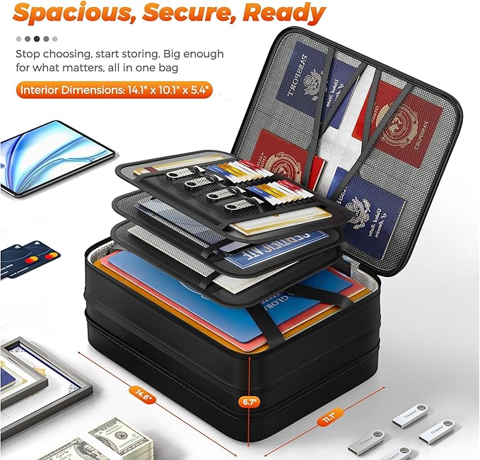 Nacial 5200℉ Fireproof Document Box with Lock, Expandable Document Organizer, Heat Insulated Fireproof Waterproof Box for File Storage, ﻿Portable Sturdy Handle for Important Documents Home Travel
