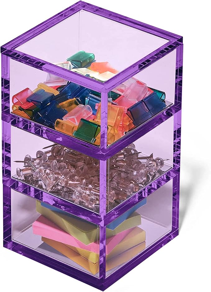 OfficeGoods 3-Tier Stackable Acrylic Holder- Stylish Desk Organizer and Storage for Office or Home – Transparent Square Design, Purple with Silver Metal Base