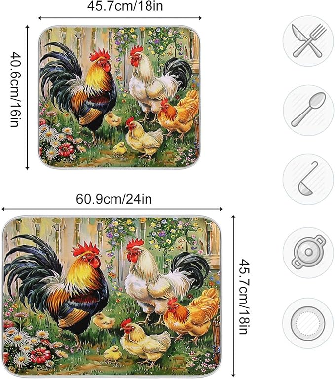 Rooster Flowers Dish Drying Mat 18 X 24 Inch Farm Cock Chick Floral Kitchen Rack Mats Dry Dishes Pads Tableware Mat Absorbent Microfiber Protector for Kitchen Countertops Counter Home Decor