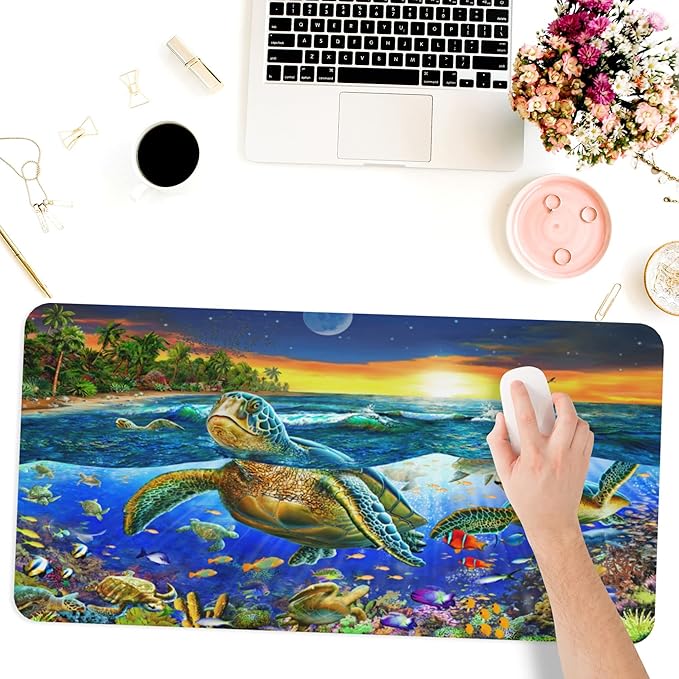 Desk Mat,Sea Turtle Extended Gaming Mouse Pad for Office Work & Game,Computer Keyboard Mouse Mat Desk Non-Slip Rubber Base Large Mousepad with Stitched Edges, 31.5x15.7inch