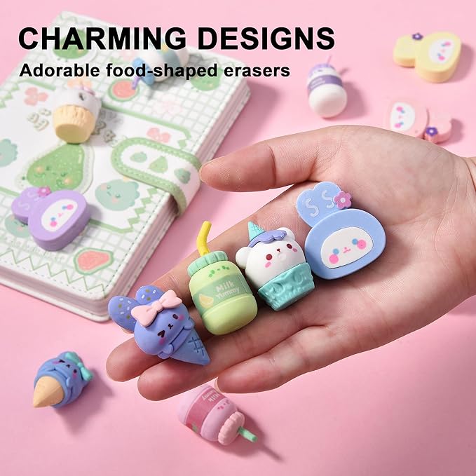16Pcs Cute Ice Cream Shaped Erasers for Kids, Fun Food Eraser for School Classroom Rewards Party Favors