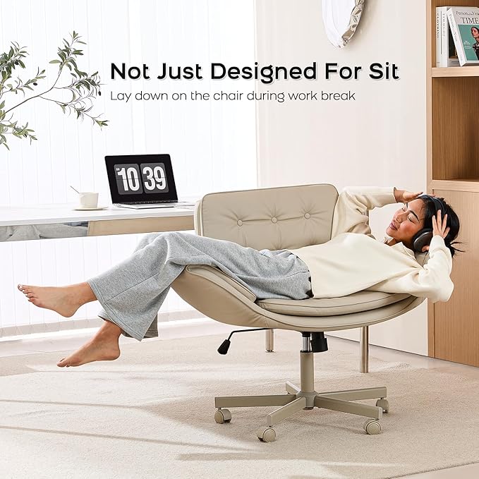 Criss Cross Chair with Armrests & Wheels, PU Leather Vanity Chair, Comfortable Adjustable Swivel Computer Office Desk Chairs for Home, Make Up, Bed Room (Cream White)