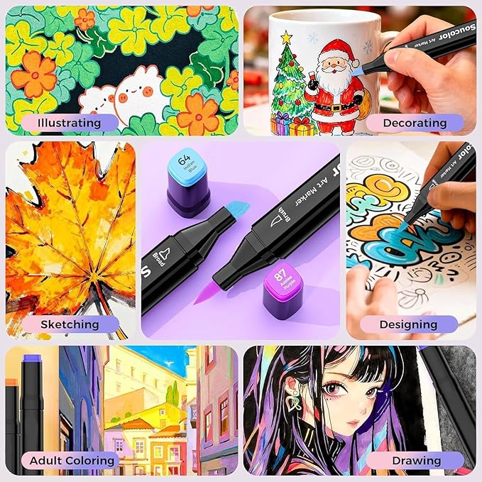 Soucolor Alcohol Markers Set, 100 Colors Dual Tip Brush Art Alcohol Markers, School Office Teacher Supplies for Kids and Adults Coloring Drawing Sketching Book Painting Card Making Illustration