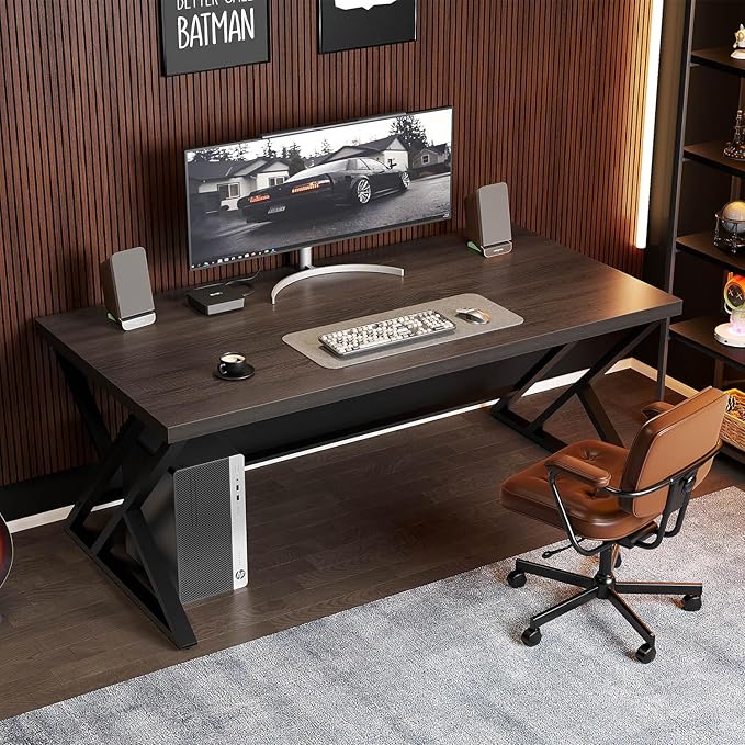 LVB Modern Computer Desk, Industrial Home Office Desk, Metal Wood Writing Study Computer Table for Bedroom, Farmhouse Executive Simple Gaming Work Desk for Student, Dark Gray Oak, 60 Inch