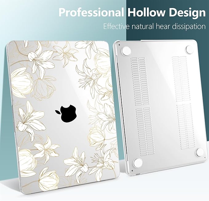 DONGKE Compatible with M4 MacBook Air 15 inch Case 2025 2024 2023 A3241 A3114 A2941 M3 M2 Liquid Retina Display Touch ID, Plastic Hard Case & Keyboard Skin & Screen Protector - Golden Floral
