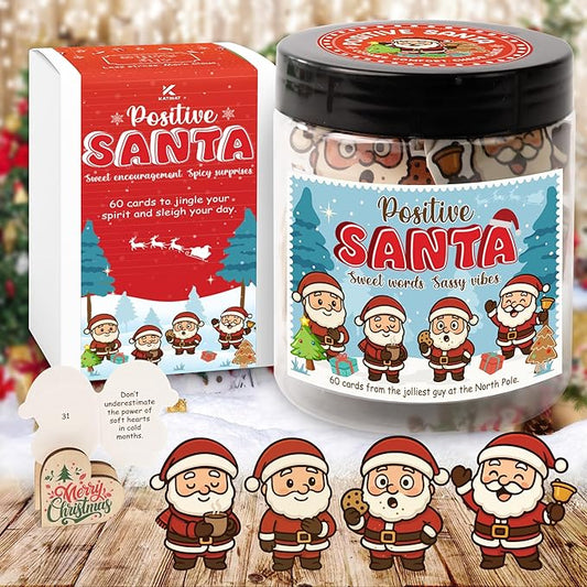Positive Santa Jar – 60 Funny Emotional Support Santa Jar- Christmas Gifts for Teens, Women, Men, Coworkers, Teachers, Sisters, Friends – Christmas Stocking Stuffer for Teen Girls, Boys, Women
