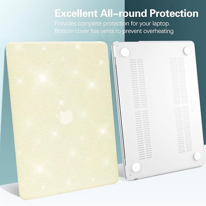 KEROM Bling Glitter Case for MacBook Air 13 inch 2022-2018 M1 A2337 A2179 A1932, MacBook Air M1 Case, Luxury Bedazzled Shiny Sparkle PU Leather Hard Shell & Keyboard Cover for Mac Air 13 M1, Yellow