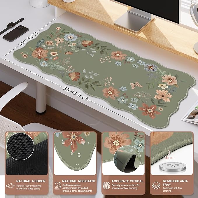 Desk Pad Mat Green, Wrist Rest Support for Mouse Pad&Keyboard Set, Scalloped Vanity mat Protector for Makeup, Cute Floral Nail Mat, Aesthetic Desk Protector for Women's Office Home, Dorm