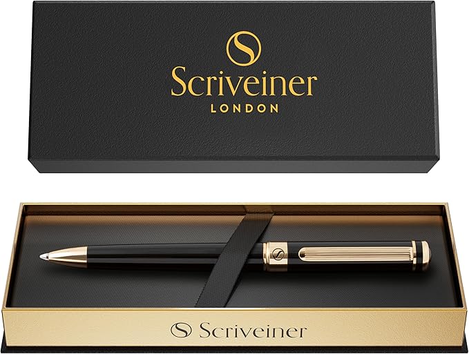Scriveiner Black & Gold Ballpoint Pen – Smooth Writing Luxury Pen with Schmidt Refill, Good Gift for Professionals, Executive Office & Everyday Use