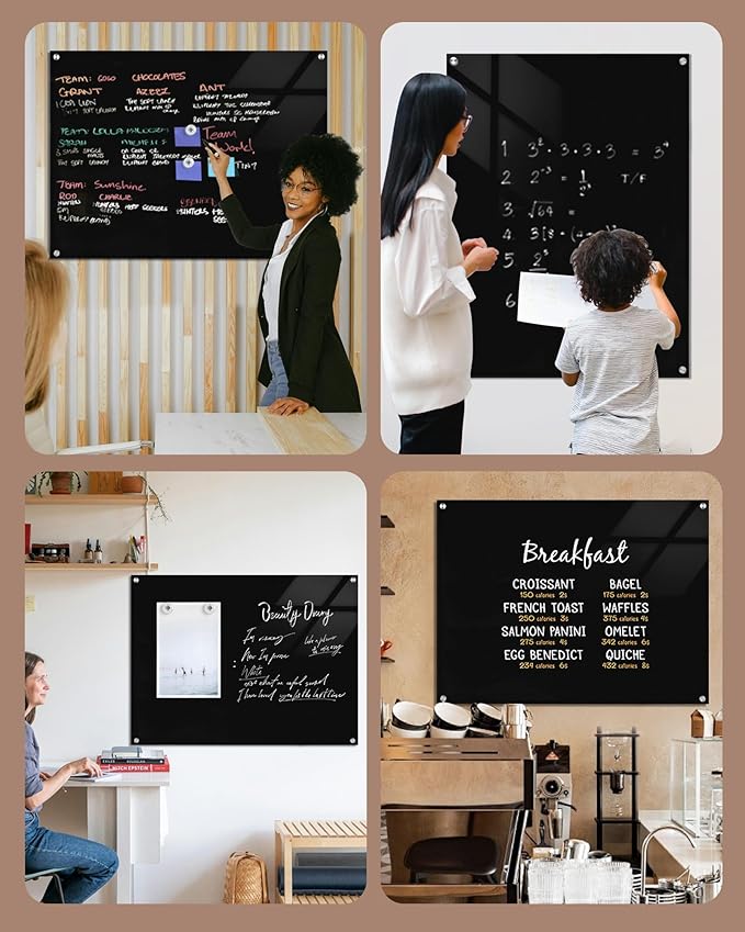 Magnetic Glass Whiteboard，48"x36" Wall Mounted Frameless Dry Erase Board for Office, Home & School Black
