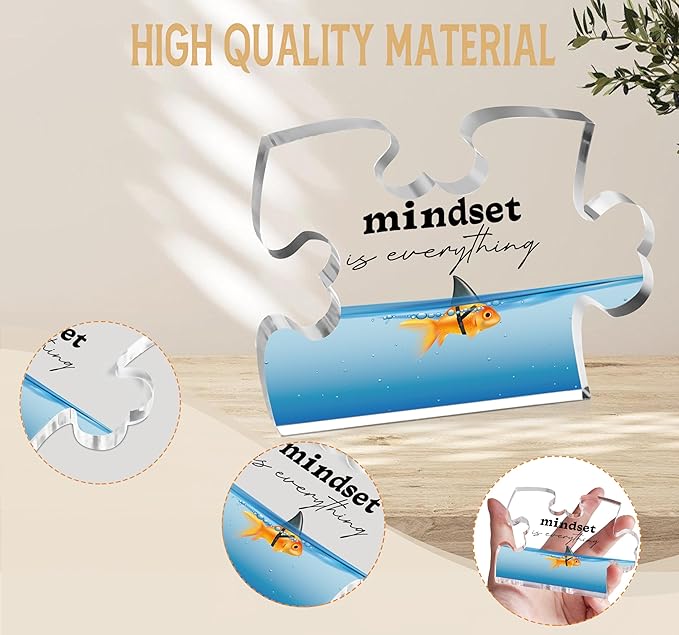 Inspirational Gifts for Friends Coworker, Engraved Acrylic Block Heart Puzzle with Gift Box, Mindset is Everything, 3.9 x 3.3 Inch Engraved Acrylic Office Desk Sign - PT26