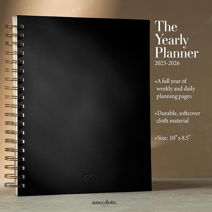 Anecdote Planner 2025 (8.5" x 10") Spiral Notebook - 2025 Daily Planner Weekly and Monthly - Features a Library Buckram Cover, Brass and A4 Size Bleed-Resistant Paper - Organize All 52 Weeks. Start Anytime – Black