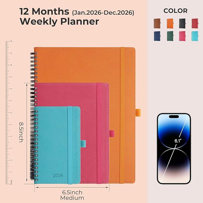 Planner 2026 Daily Weekly and Monthly,8.5"x6.5",12 Months Spiral Bound Calendar Agenda with Self-adhesive Pen Holder,2026 Appointment Book with Vegan Leather Soft Cover,Light Blue