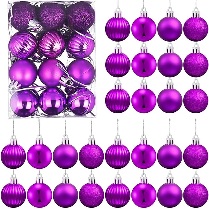 Set of 24 Small Purple Christmas Ornaments Balls for Christmas Tree, 1.2 inch Mini Purple Ornaments for Mini Tree, Plastic Shatterproof Hanging Bulbs Xmas Valentine Party Indoor Outdoor Decorations