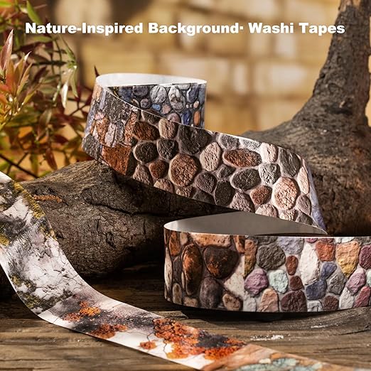 Nature-Inspired Washi Tape Set – 6 Decorative Rolls Featuring Realistic Plant, Pebble, Bark, Moss, and Water Designs for Journaling and Scrapbooking