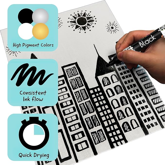 4 Dual Tip Black Paint Pens - Fine Point & Medium - Black Paint Marker for Fabric, Wood, Rock Painting, Canvas, Plastic, Glass, Tire and Shoes - Acrylic Pens for Kids & Adults