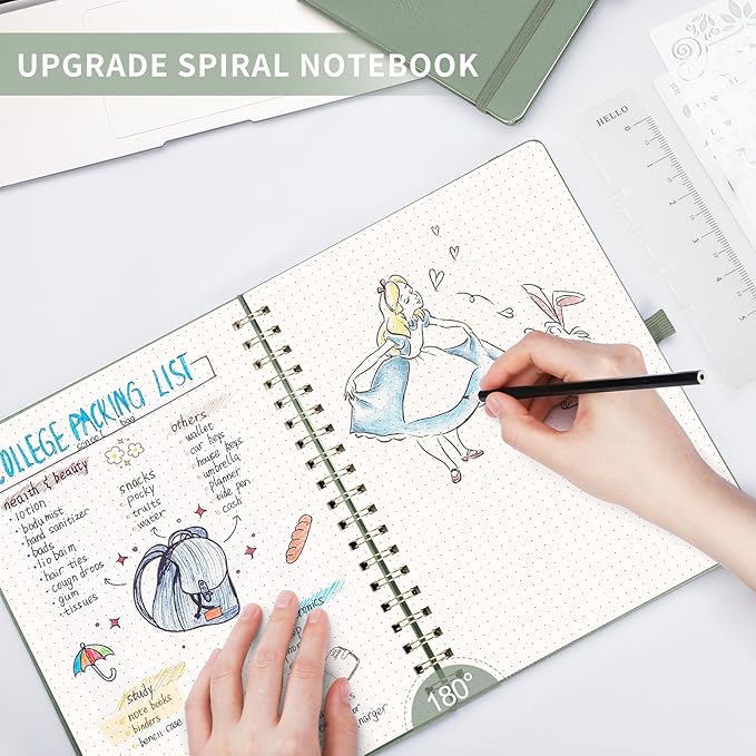 AHGXG Bullet Dotted Journal Spiral Notebook, Large B5 Dotted Notebook 140 Pages, Leather Hardcover, 100 GSM Thick Dot Grid Paper, Inner Pocket, for Bullet Journaling, 7.6" x 10", Sage Green