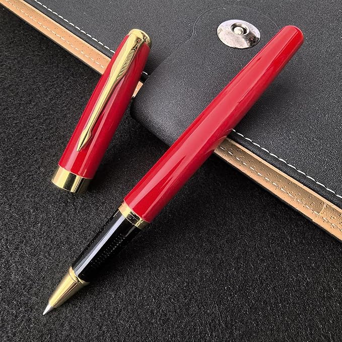 HSK Ballpoint Pens Executive Fountain Pen with Gold Trim, Gift Box Set, Available in Black, Red, Navy Blue,Black Refill Line width 0.5mm (Red)