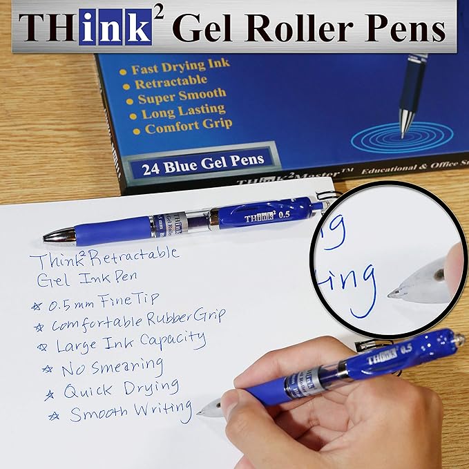 THINK2MASTER [24 Pens - Blue Ink] Think2 Retractable Gel Pens. (24 Blue) Fine Point (0.5mm) Rollerball Pens with Comfort Grip.