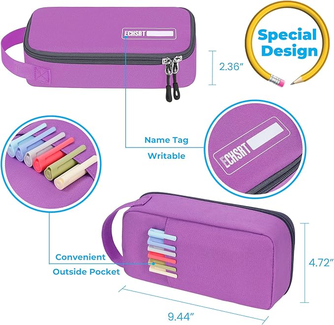 ECHSRT Big Pencil Case, Aesthetic Portable Zipper Pencil Bag with Hidden Pocket, Special Pouch for Men Women Adults, Stationery Organizer Pen Cases for Office Travel, Purple