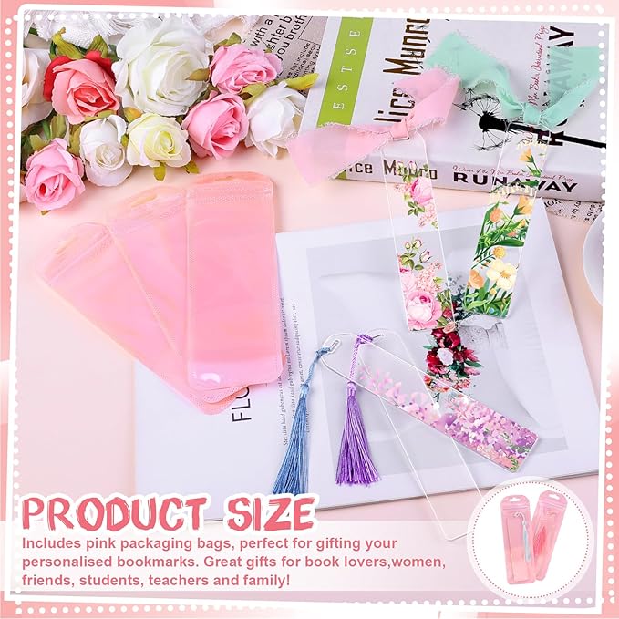 30 Pieces Acrylic Bookmark Blanks(3mm Thick), Clear Acrylic Bookmarks with 30PcsTassels, 3 Rolls Chiffon Silk Ribbon and 30 Packaging Bags, Transparent DIY Bookmarks for Reading Lover Crafts Present