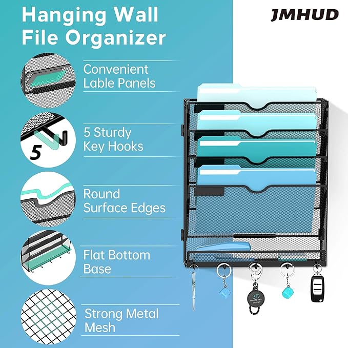 Wall File Organizer with 5 Hooks 5 Tier Hanging File Organizer, Vertical Wall Mount Mail Organizer for Papers, Folders, Magazines, Bills, Office&School Organization, Black