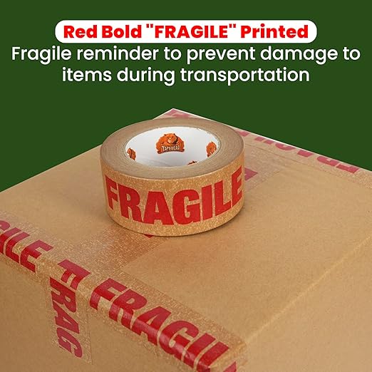 TAPEBEAR Fragile Tape Eco-Friendly Kraft Paper Tape 2Inch x 55Yard, Biodegradable Packaging Brown Paper Tape Self Adhesive Box Tape for Small Business, Shipping, Sealing, Moving, 6Rolls