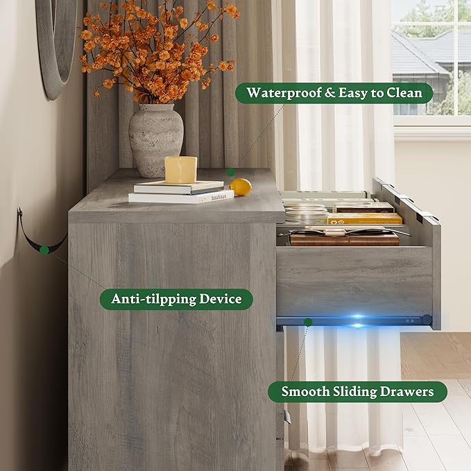 Fluted Dresser with 9 Drawers, 63" Wide Wood Chest of Drawers with Metal Handle, Wooden Dresser TV Stand, Modern Closet Clothes Storage Organizer for Bedroom, Living Room, Hallway, Light Grey