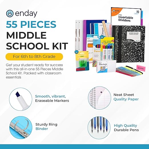 Enday Middle School Supplies Kit - 6th, 7th, and 8th Grade Back to School Supplies - 55 Piece, Premium Quality Kids School Supplies for Girls & Boys, Grades 6-8 Middle School Supplies for Kids