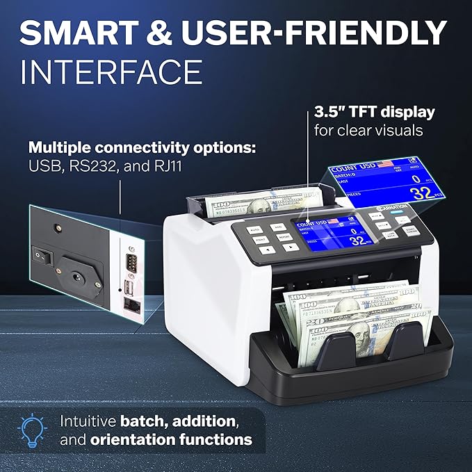 CN5 Money Counter Machine Mixed Denomination Value Counting UV/MG/IR/DD Counterfeit Detection, USD, EUR, MXN, GBP and CAD Business Money Counter