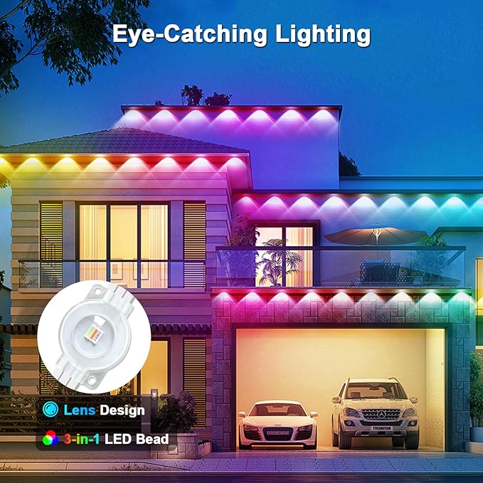 150FT Permanent Outdoor RGB Lights - IP65 Waterproof with Smart App Control Remote, DIY Scene Modes, Music Synchronization, Eaves Lights For Garden Decor, Deck, Christmas, Party, Party, Halloween,Roof