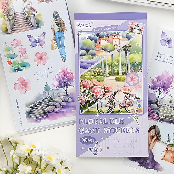 Snycler Purple Flower Series Sticker Book - 20 Sheets Vintage PET Stickers for Scrapbooking, Junk Journaling, Ephemera, and Decorative Crafts - Pre-Cut Floral Design Stickers