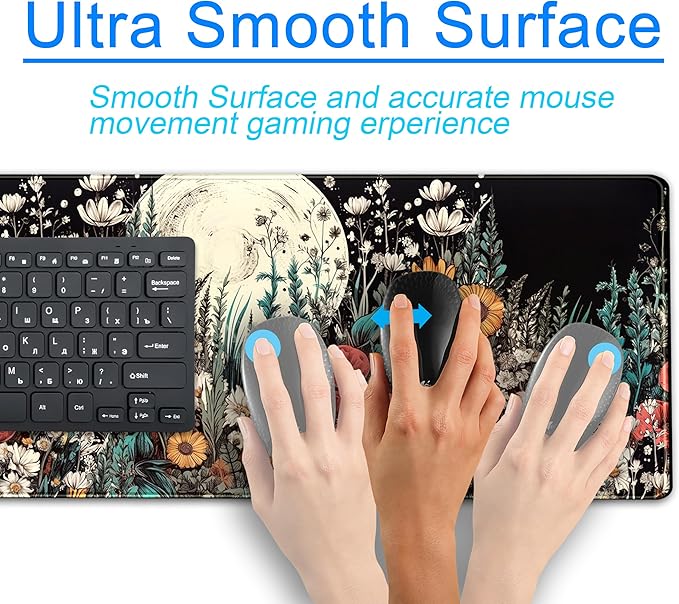 Cute Watercolor Floral Desk Pad Mouse Pad Full Moon Daisy Desk Mat XL Large Extended Anime Gaming Mousepad 31.5''x11.8'', Aesthetics Women Office Decor Matt Keyboard Mouse Mat with Stitched Edges