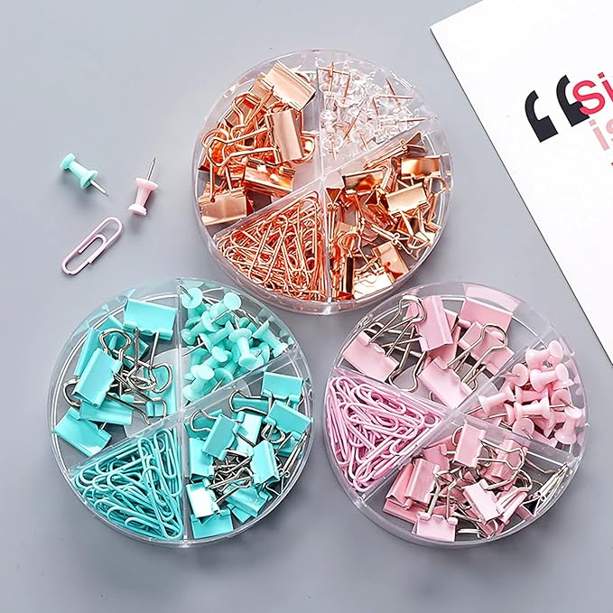 72 Pcs Rose Gold Small Binder Clips, Paper Clips and Thumbtack for Office Work School and Home Supplies (72pcs Mixed, Rose Gold)