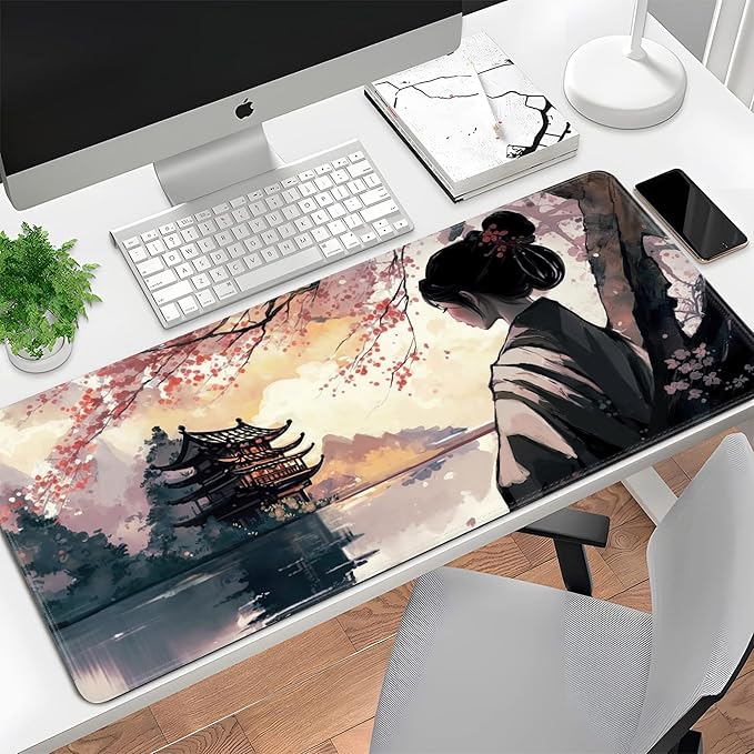Cherry Blossom Gaming Mouse Pad Large Desk Mat Extended Keyboard Mouse Pad Pink Mousepad with Non-Slip Base and Stitched Edge Gaming Mouse Mat Desk Pad 31.5 X 15.7 in Mouse Pads for Desk Home Office