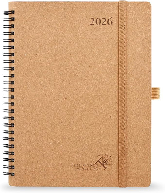POPRUN 2026 Planner - 2026 Recycled Weekly Planner [Italian Regenrated Leather - Medium Size 6.5'' x 8.5''] - 2026 Weekly Planner with Hourly Schedule, Monthly Tabs-26-WERO7-DST - Desert Brown