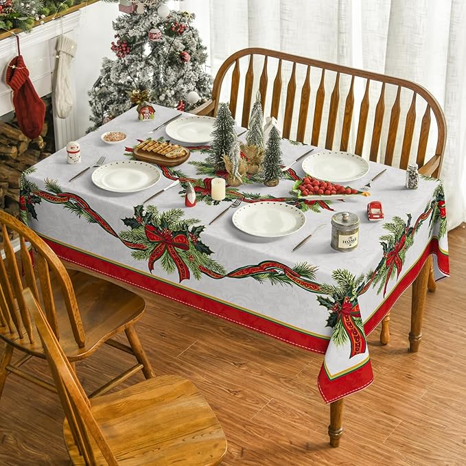 Horaldaily Christmas Tablecloth 60×140 Inch, Poinsettia Golden Ribbon Washable Table Cover for Party Picnic Dinner Decor