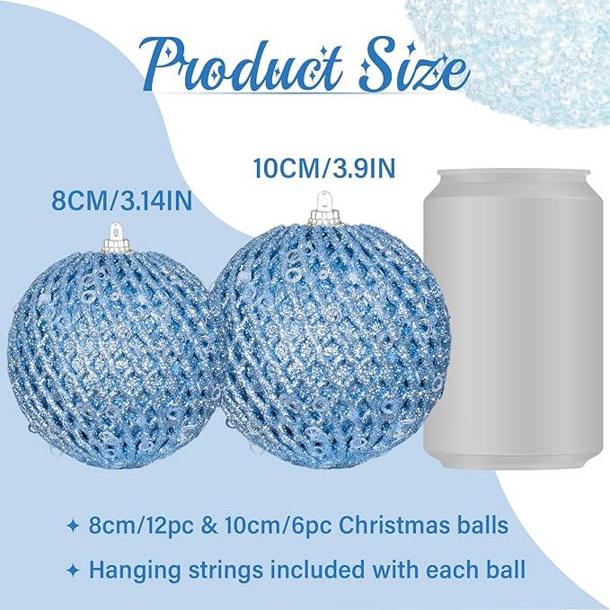 6pcs 3.94" Christmas Ball Ornaments Glitter Shatterproof Christmas Tree Ornaments Sequin Xmas Hanging Balls Decorations for Wedding Party Holiday(Light Blue)