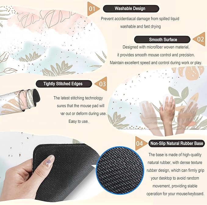 Pastel Boho Leaf Desk Mat Aesthetic Gaming Mouse Pad XL Large Extended Desk Pad Anime Desk Matt for Desktop, Laptop Computer Keyboard and Mouse Mat for Women Office Decor Accessories 31.5x11.8 in