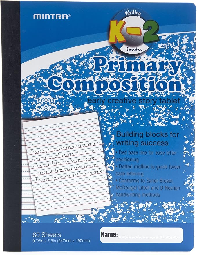 Mintra Primary Composition Notebook, 4 Pack, Blue Cover, 80 Sheets, 7.5in x 9.75in, Full Sheet, Ruled with Drawing Area, Flexible Hardcover Journal, Grades K-2, School & Home Use
