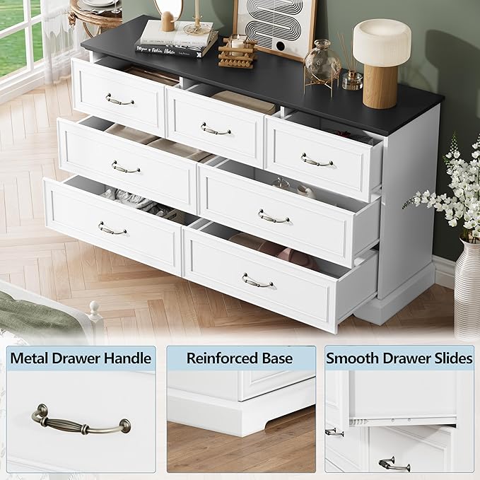7 Drawer Dresser for Bedroom, 57" Wide Wooden Chest of Drawers, Rustic Farmhouse Dresser with Large Drawers & Metal Handles, Modern Storage Organizer for Closet, Living Room, Hallway, White