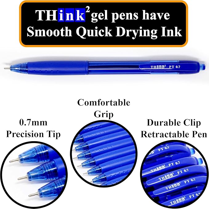 THINK2MASTER [24 Pens - Blue Ink Think2 0.7mm Precision Tip Gel Pens. (24 Blue) Fine Point Small Rollerball Pens with Smooth Quick Drying Ink.