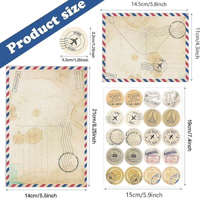 160 Packs Stationery Paper and Envelopes Set 10 Different Designs, 50 One Sided Stationery Writing Papers with 50 Matching Envelopes and 60 Round Dot Sticker, 5.5 x 8.25 Inch (VintageTravel)