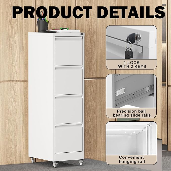 File Cabinet with Lock, 4 Drawers Filing Cabient with Wheel, Steel Vertical Filing Storage Cabinet for Home Office, Heavy-Duty File Cabinets for Letters/Legal/A4 (Require Assembly, White)
