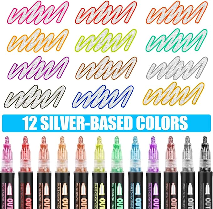 Double Line Outline Markers 12 Colors Super Squiggles Glitter Self Outline Metallic, Doodle Shimmer Drawing Pens for Christmas Greeting Card, Birthday Gift, DIY Art Crafts