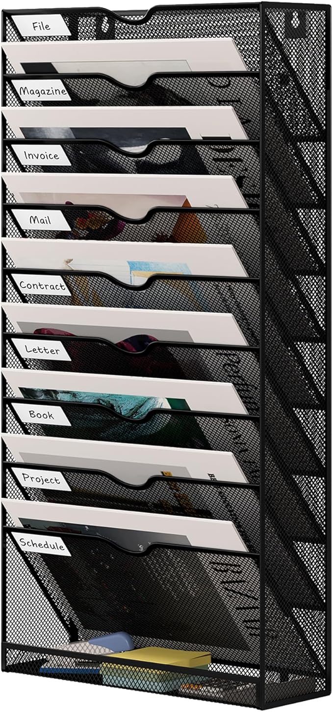 10 Tier Hanging Wall File Holder, Metal A4 Wall Mounted Document Holder, Vertical Hanging Mail Organizer, Magazine Storage Rack With Tray For Office Home Classroom, Black