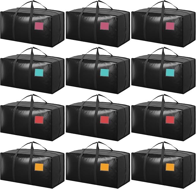 12 Pack Extra Large Heavy Duty Moving Bags with Reinforced Zipper & Wide Handles, Moisture-Resistant Storage Bins Packing Cubes for Clothes, College Dorm, Travel, and Home Organization, Black