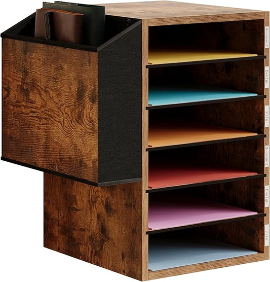 6 Tier Adjustable Countertop Mail Sorter, Mailboxes With Name Slots, Literature Organization Paper Storage Slot, Office Desk File Organizer, Wooden Desktop Mailbox for Classroom, Rustic Brown