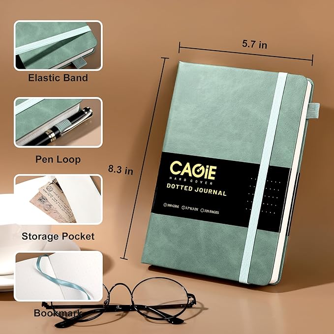 CAGIE Bullet Dotted Journal Notebook 320 Pages 100 GSM Paper Hardcover A5 Dot Grid Notebook Leather Journals for Writing Women Men Work Journaling, Green